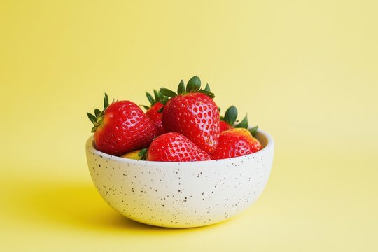 ripe red strawberries inside the white bowl with speckles on a yellow background - Powered by Adobe