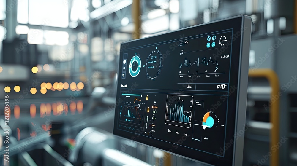 Poster Close view of an industrial IoT control panel monitoring systems and equipment for improved efficiency through real-time data.