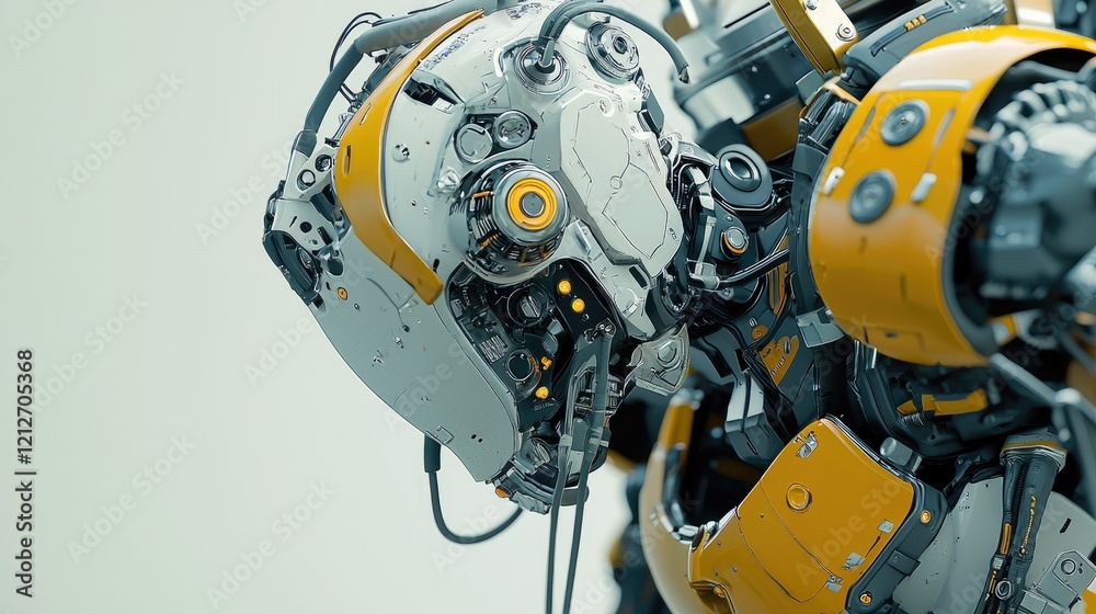 Poster Macro perspective of a robot designed for hazardous environments, equipped with rugged features and specialized tools.