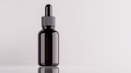 Minimalist 3D Packshot of a Black Liquid Dropper Bottle on a Clean White Background with Clarity