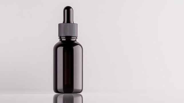 Minimalist 3D Packshot of a Black Liquid Dropper Bottle on a Clean White Background with Clarity