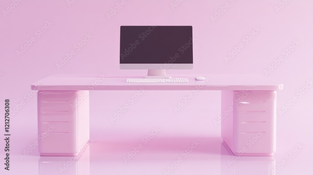 Poster Pink Desk Computer Setup Minimalist Workspace Design