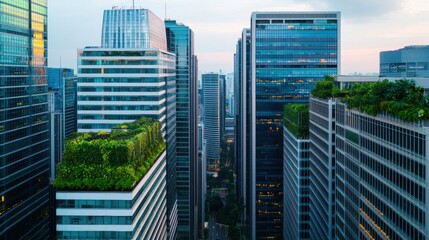 Obraz premium Modern Cityscape with Green Roofs and Glass Skyscrapers at Sunset