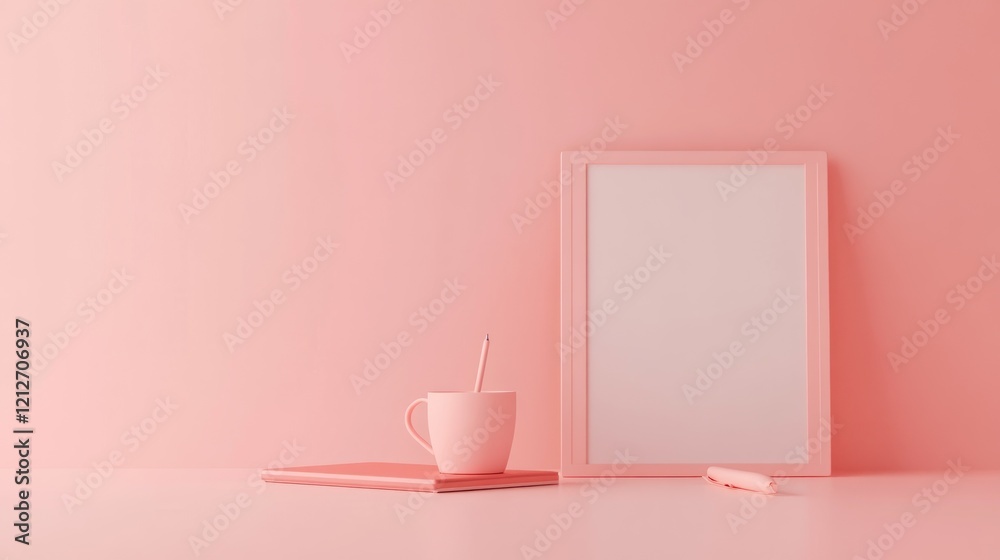 Poster pink minimalist desk setup with frame and mug