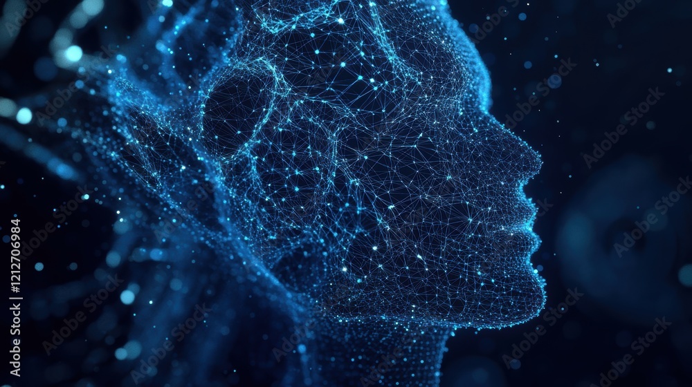 Poster mans face with a network of dots and lines representing technology and connectivity concepts