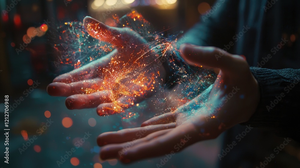 Poster A close-up of a users hands engaging with a virtual object in mid-air, rotating and resizing it for an enhanced interactive experience.