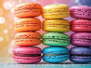 Brightly colored macarons stacked in artistic arrangement on a light background