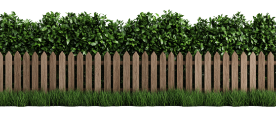 wooden fence with lush green foliage and grass creates serene outdoor scene
