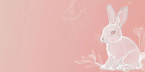 Obraz premium Delicate line art of a rabbit with floral elements on pastel background