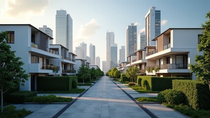 A modern suburban neighborhood with contemporary houses and a city skyline in the background