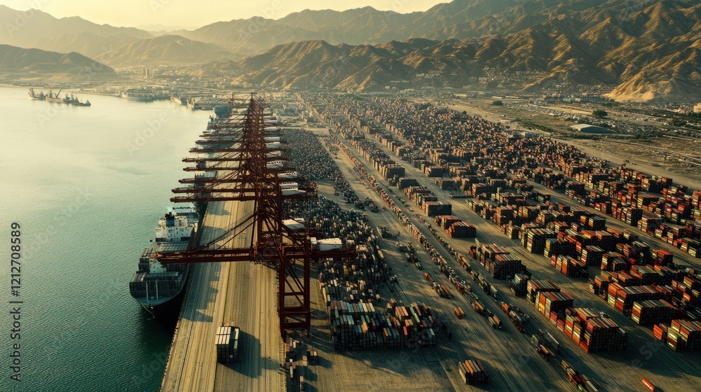 Poster Aerial View of a Busy Container Port Surrounded by Mountains