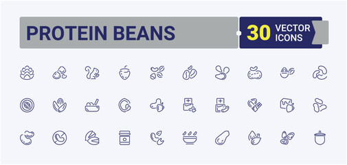 Protein Beans linear icon collection. It contains symbols to sunflower, app, coconut, pumpkin, vegetarian, macadamia, web, walnut. Pixel perfect. Editable vector stroke.