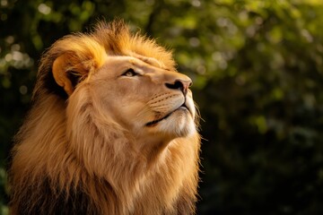 Fototapeta premium Portrait of a majestic lion with a lush mane looking up, radiating power and strength in a natural environment