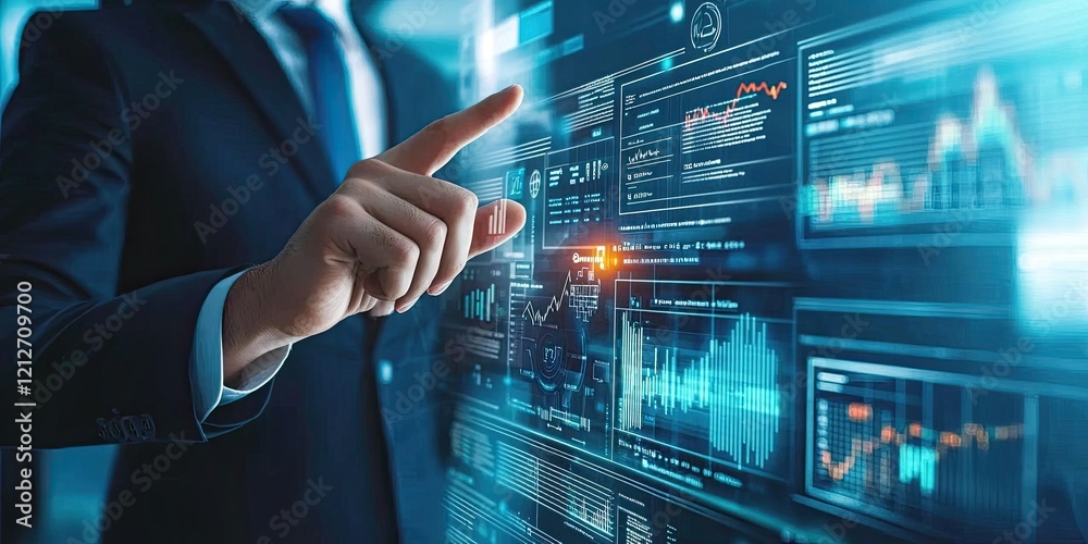 Aufkleber Corporate team in a high-tech environment uses business software solutions like ERP systems and advanced analytics tools to streamline workflows.