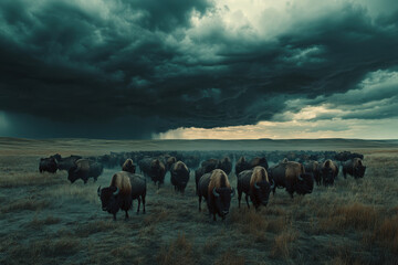 Majestic bison herd moving across a vibrant prairie under brooding storm clouds at twilight in the great plains region