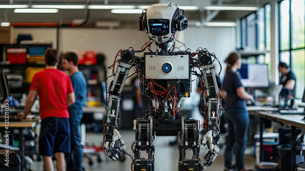 Poster High-quality image of a robotics laboratory where engineers are actively collaborating on innovative robot prototypes.