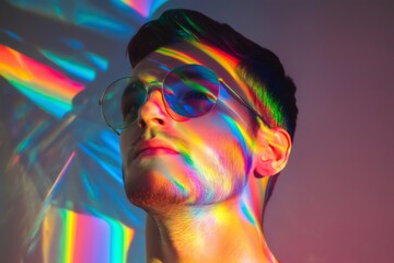 Close up portrait of a young man wearing glasses with vibrant, colorful light projections creating an artistic and modern effect on his face