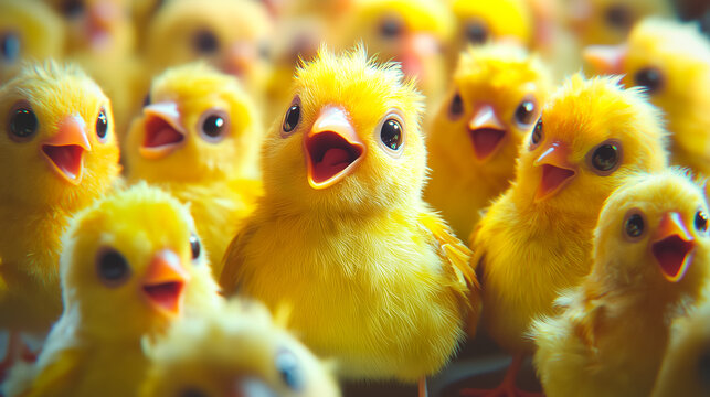 A vibrant mass of fluffy yellow chicks, huddled together, peeping with open beaks and wide, curious eyes. A scene of springtime innocence and adorable charm.
