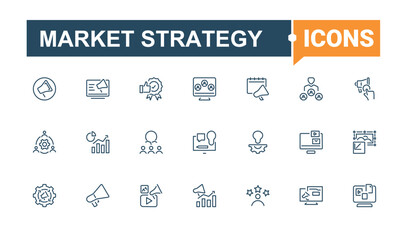 Market Strategy icon pack. Featuring internet, communication, ad, content, seo, campaign, social, video. Simple line vector. Editable vector stroke.