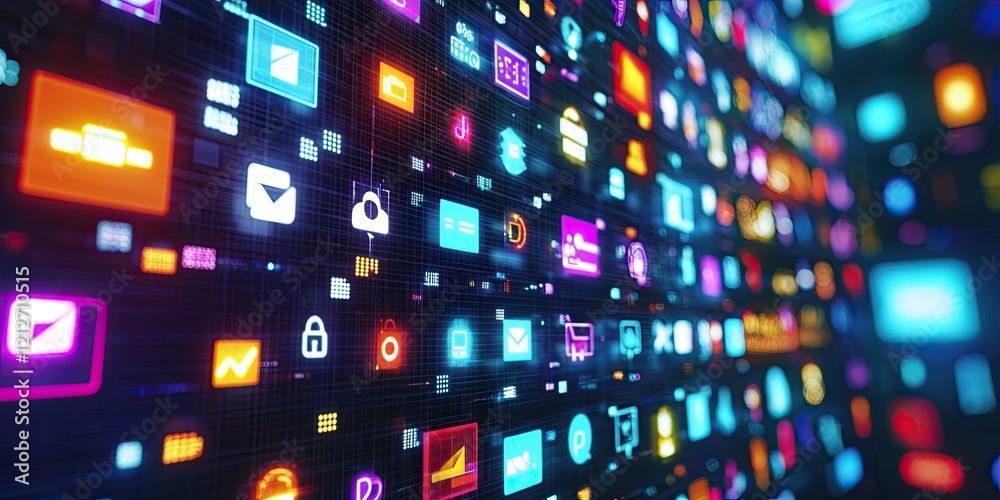 Poster Detailed image of an interactive touchscreen displaying vibrant icons and responsive animations, ideal for contemporary digital themes.
