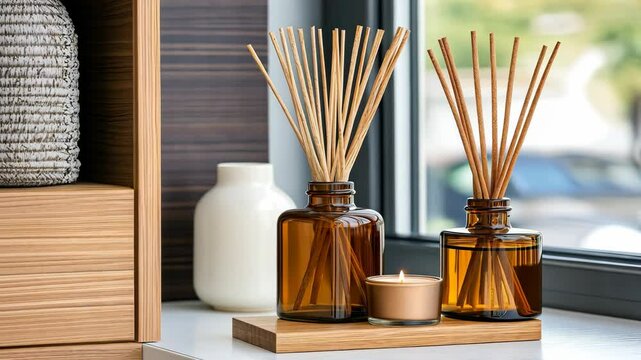 Two elegant fragrance diffusers and a candle are showcased on a wooden tray by a window, enhancing the cozy atmosphere of the room
