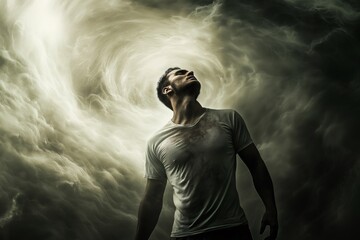 Fototapeta premium Man with dirty t shirt looking up at swirling vortex of clouds representing mental health challenges