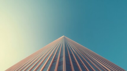 Aerial view showcases a towering building set against a clear blue sky, emphasizing its height and architectural design.