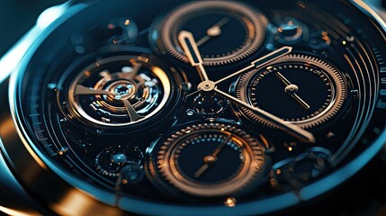Macro shot of a smartwatch face, showcasing intricate gears through sapphire glass, merging luxury and functionality in tech.