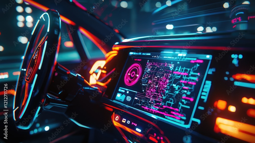 Aufkleber Detailed image of an autonomous vehicle dashboard with advanced navigation systems and smart sensors visible.