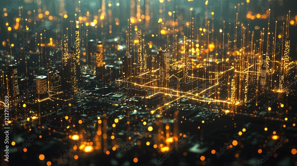 Aufkleber High-resolution view of a smart city model showing interconnected structures illuminated by data lines.