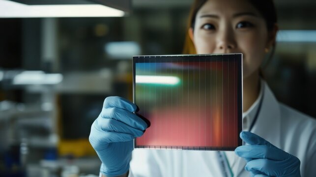 Perovskite solar panel prototype in hands of a Korean female scientist in a high-tech lab, close-up