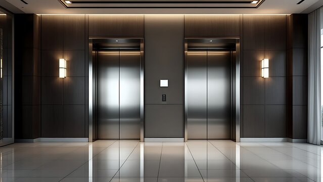 Sleek modern elevator doors with silver handles and sleek black walls in a stylish office or hotel lobby corridor, providing ample copy space vertically.