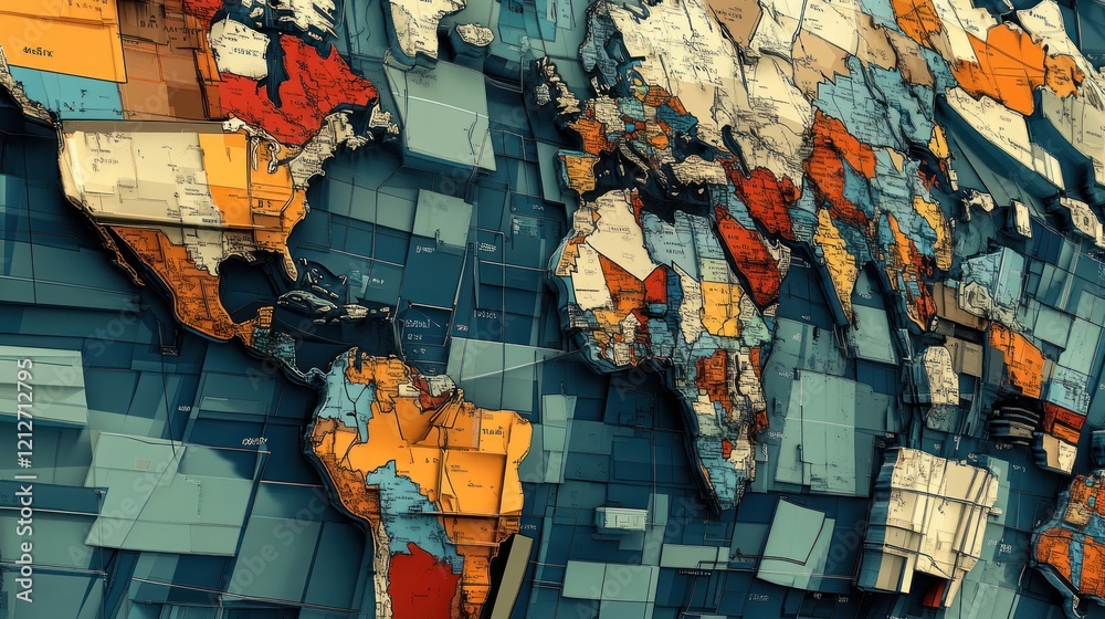 Poster abstract world map artistic cubist style design