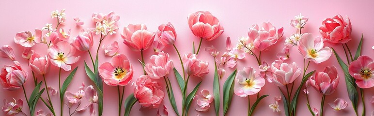 Obraz premium Delicate spring flowers showcase their beauty in various shades of pink, enhancing the softness of a pastel backdrop. Petals scatter gracefully, adding elegance to the vibrant arrangement
