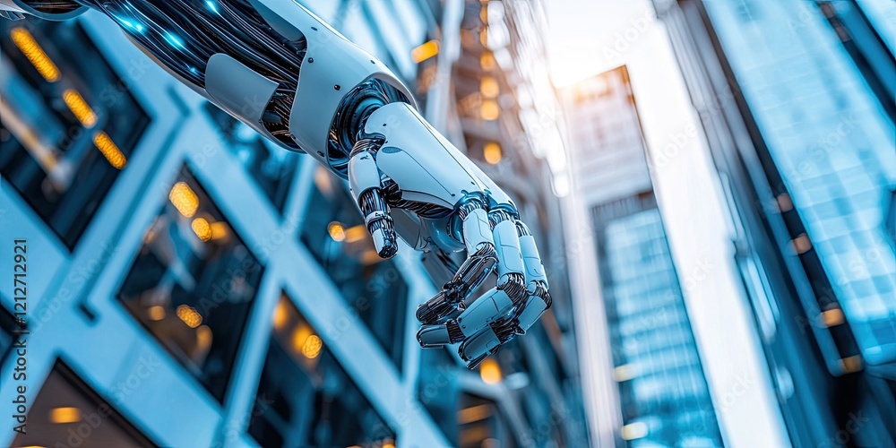 Poster an advanced building featuring robotic components, sleek design, ai integration, and a high-tech urb