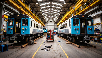 Industrial train carriages under construction in factory interior, innovation