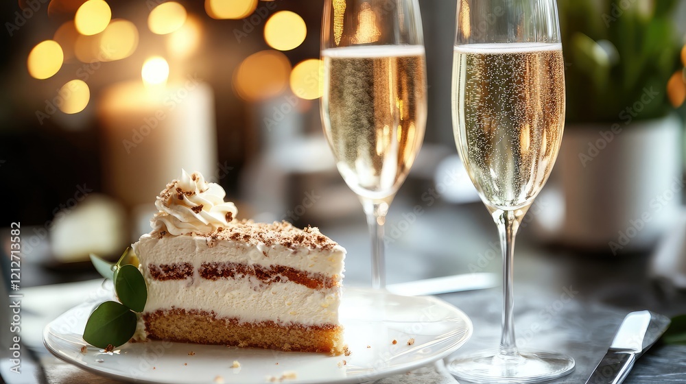Poster Elegant composition of two sparkling champagne glasses beside a slice of creamy cake adorned with nuts and greenery on a festive table setting with warm bokeh lights.