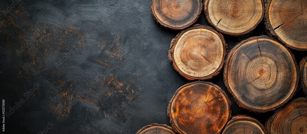 Leinwandbilder rustic vertical wooden circles with natural tree bark textures against a dark slate background featu