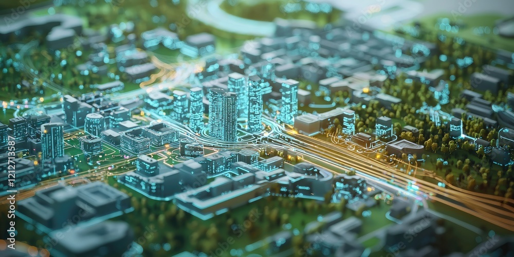 Poster a futuristic interface displaying advanced city technologies, with interactive layouts, real-time da