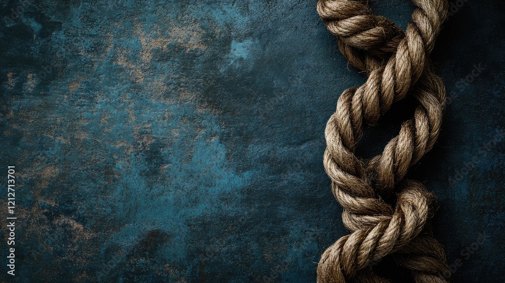 Poster Twisted natural rope against textured dark blue background creating a rustic and artistic visual composition