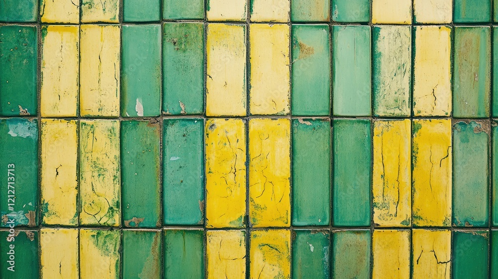 Poster Vertical Green and Yellow Tile Wall Texture with Distressed Finishes Displaying Patterns and Color Variations for Background Use