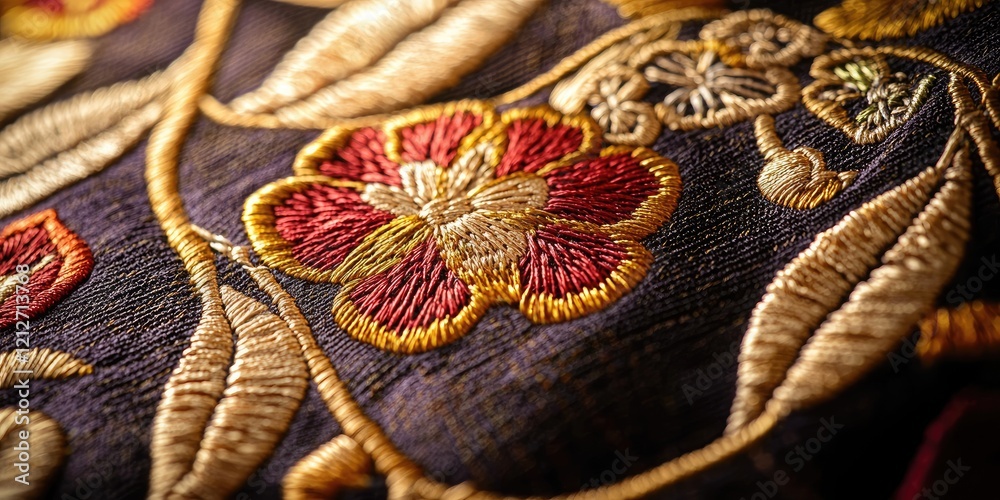 Poster macro shot of vintage embroidery with fine threads and rich textures, ideal for creating an elegant,