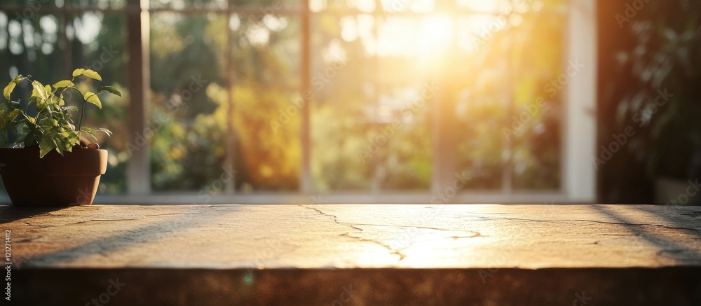 Fototapete Sunlight filtering through a window onto a stone surface creating a warm inviting ambiance with soft blurred background elements