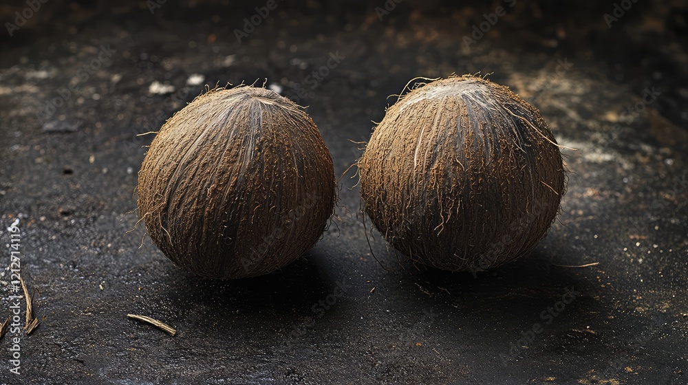 Aufkleber Brown coconuts with textured hairy shells positioned on a dark rustic surface adorned with natural elements in muted tones