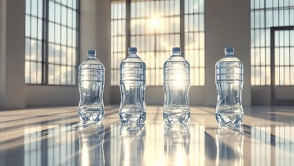 A stack of transparent five-gallon jugs filled with crystal-clear water, illuminated by soft natural light, with subtle shadows and reflections on a clean industrial floor.