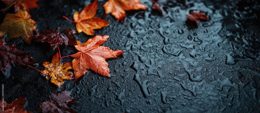 Poster vibrant red and orange autumn maple leaves resting on a glossy black wet surface with copy space for