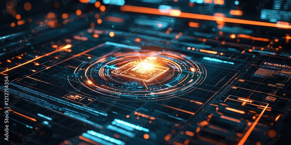 Poster a futuristic user interface featuring overlapping menus and holographic effects, perfect for immersive digital experiences.
