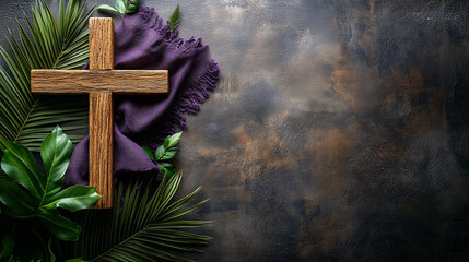 Wooden Cross, Purple Cloth, and Tropical Foliage on Dark Background