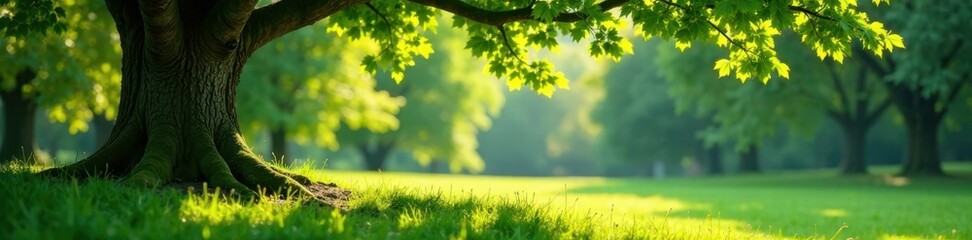 Obraz premium Overgrown tree in park garden defocused background , greenery, blur, trees