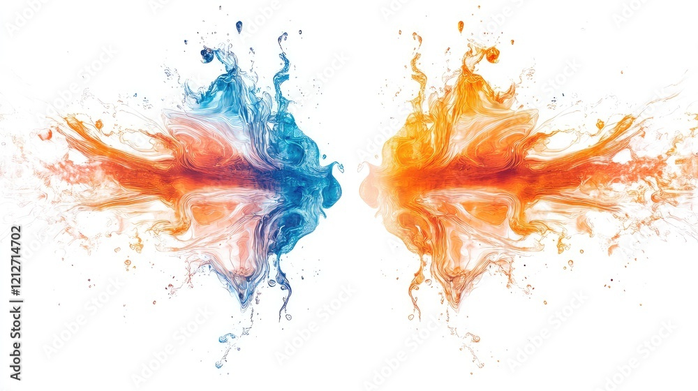 Aufkleber vibrant orange and blue abstract paint splashes converging on a white background showcasing dynamic 